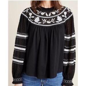 Maeve by Anthropologie Winona Lace Black Embroidered Blouse, Size L